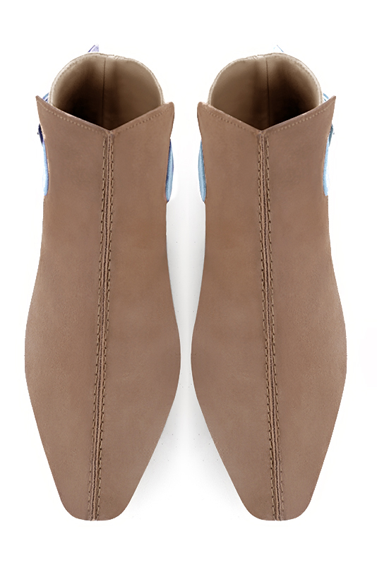 Biscuit beige, light silver and sky blue women's ankle boots with buckles at the back. Square toe. Flat flare heels. Top view - Florence KOOIJMAN